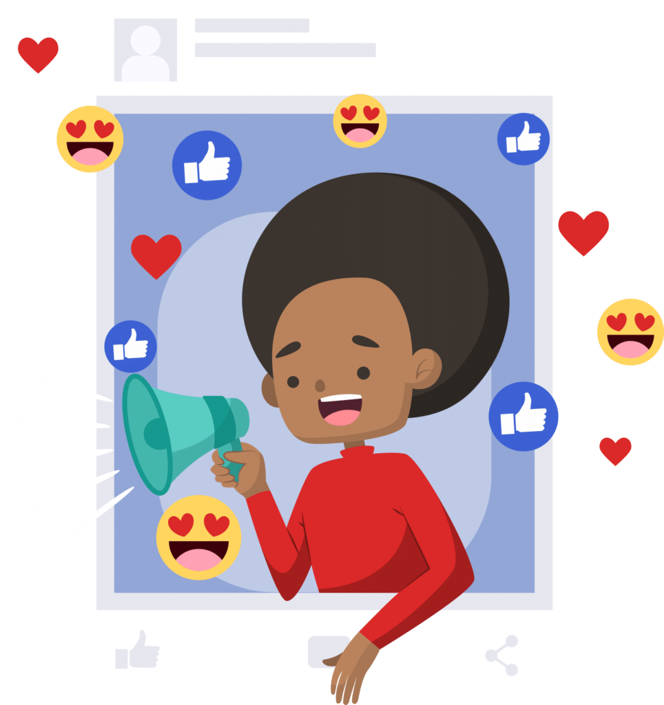 Ilustracion de chico con altavoz en el perfil de instagram rodeado de emojis.