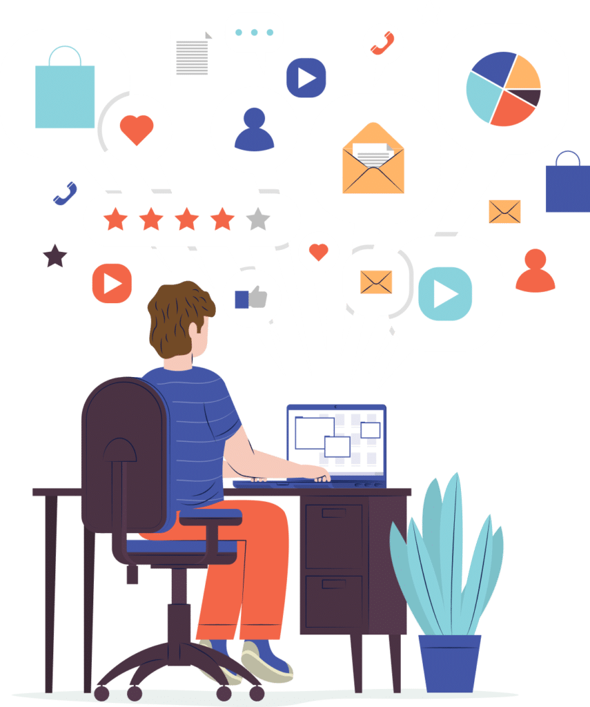 Chico sentado en su computadora con muchos iconoes de redes sociales alrrededor