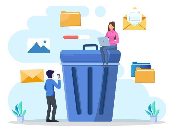 imagen vectorial de personas viendo un tacho de basura donde sale iconos de imagen