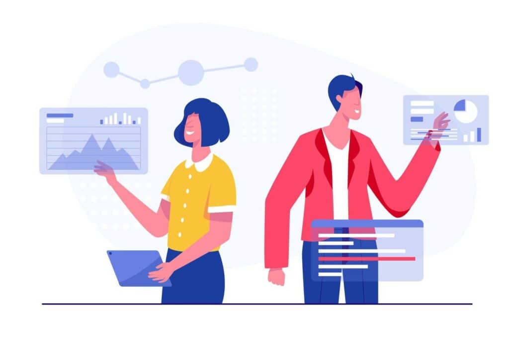 ilustracion de vector hombre y mujer frente a pantalla optimizando perfiles