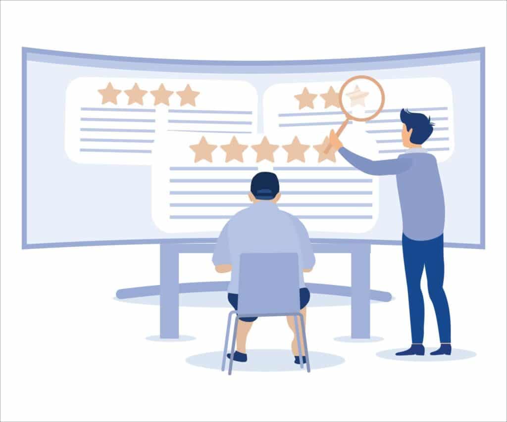 Illustracion de expertos en reputacion online, busccando comentarios en redes.