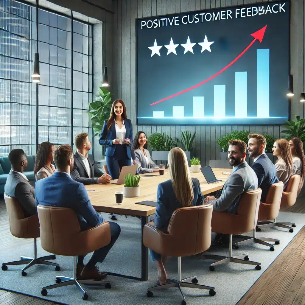 Team meeting in a modern office, discussing the growth of positive customer reviews.