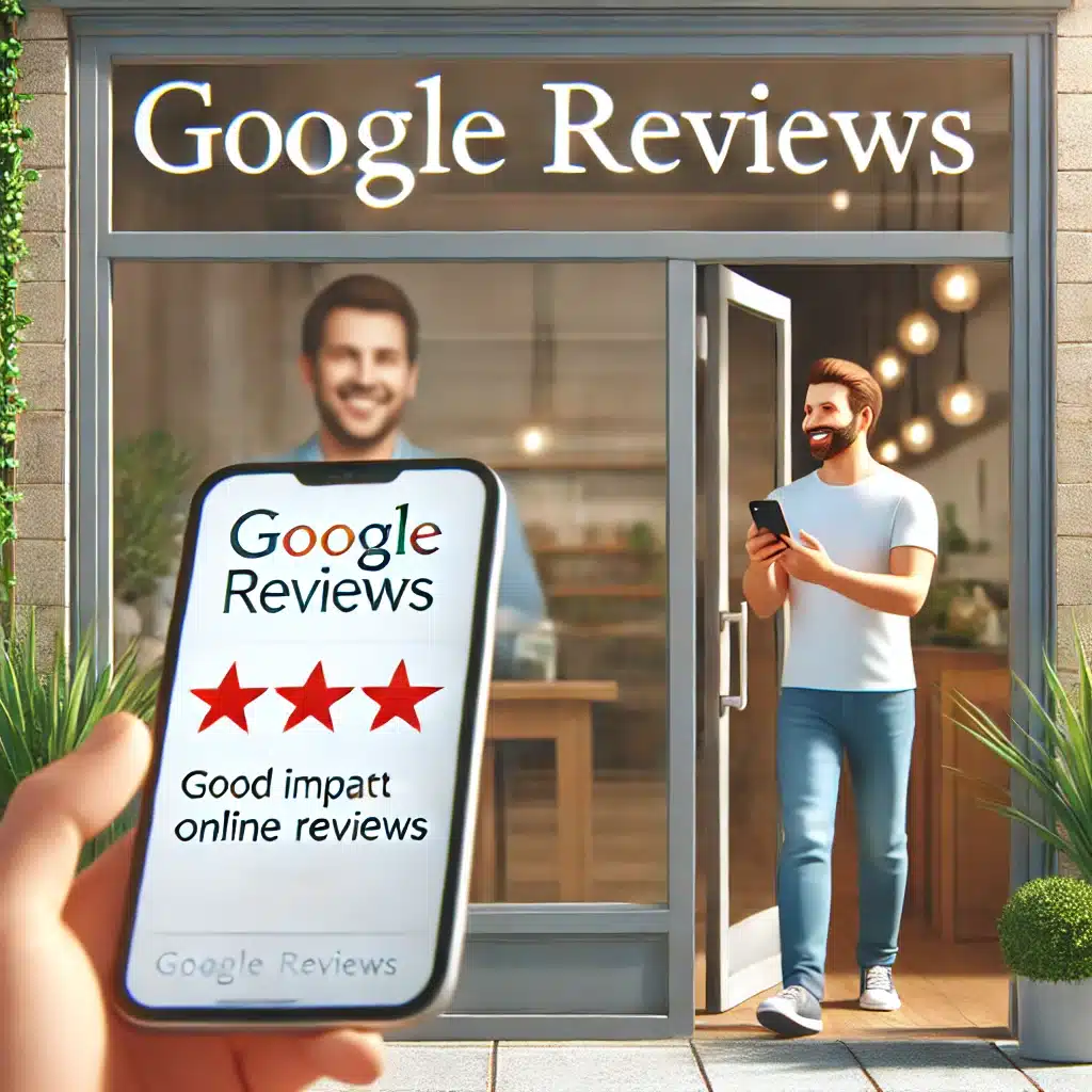 Facade of a local business with a customer checking positive reviews on their phone.