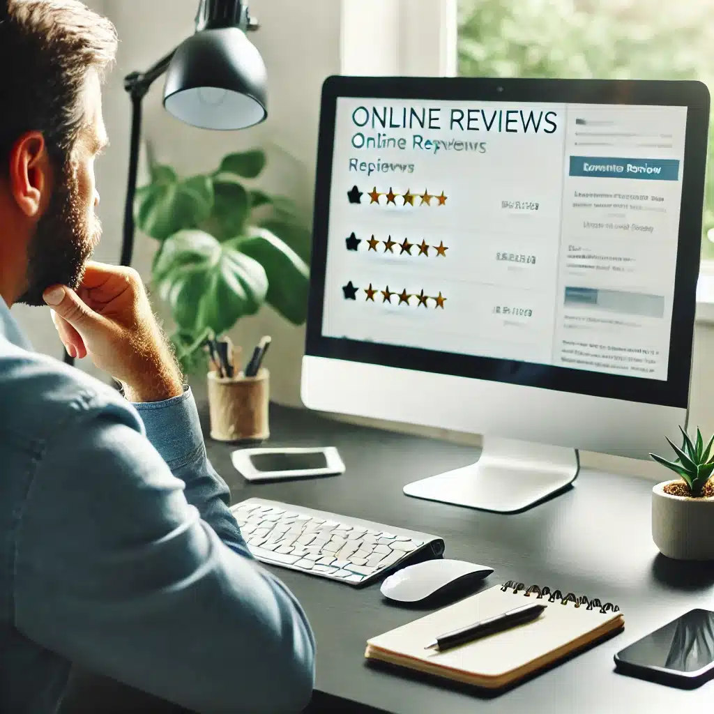 Business owner responding to online reviews, highlighting the importance of managing online reputation.